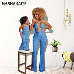 NASHAKAITE Mum And Daughter Clothes Summer Fashion Striped Sexy Sling Jumpsuit Mommy And Me Jumpsuit Family Matching Outfit