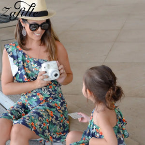 Summer Mom and Daughter Dress Leaf Print One Shoulder Dress Mother Daughter Dresses Mommy and Daughter Matching Clothes