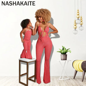 NASHAKAITE Mum And Daughter Clothes Summer Fashion Striped Sexy Sling Jumpsuit Mommy And Me Jumpsuit Family Matching Outfit