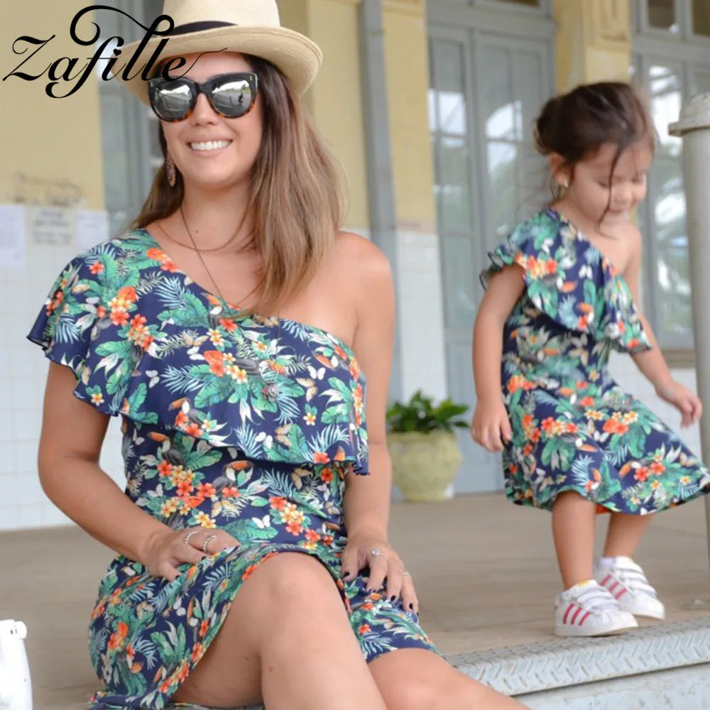 Summer Mom and Daughter Dress Leaf Print One Shoulder Dress Mother Daughter Dresses Mommy and Daughter Matching Clothes