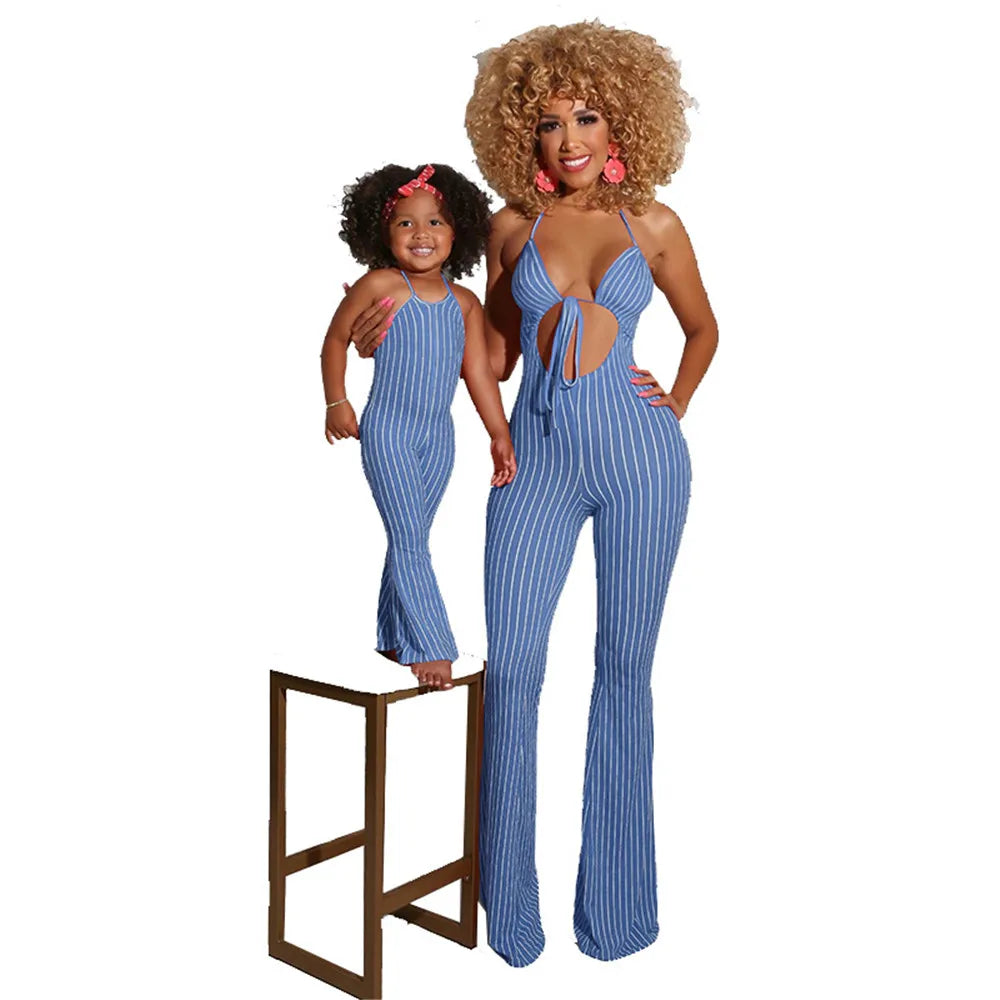 NASHAKAITE Mum And Daughter Clothes Summer Fashion Striped Sexy Sling Jumpsuit Mommy And Me Jumpsuit Family Matching Outfit