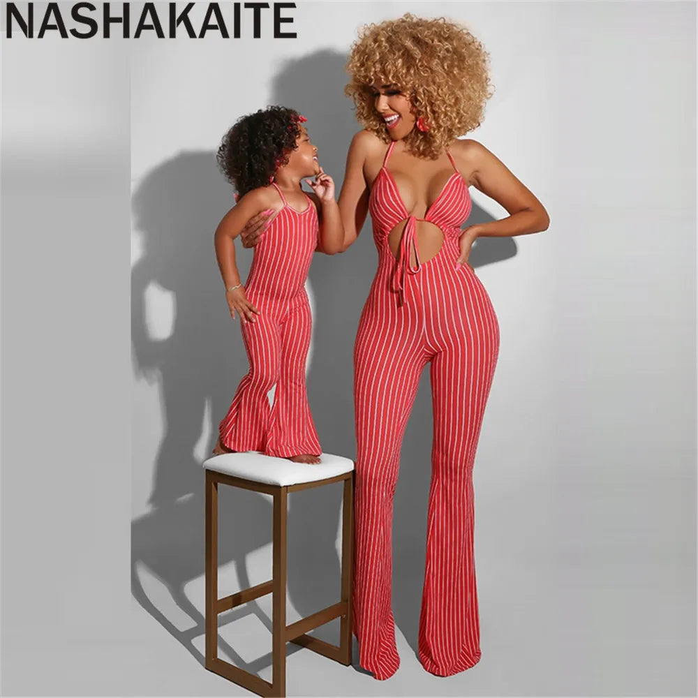 NASHAKAITE Mum And Daughter Clothes Summer Fashion Striped Sexy Sling Jumpsuit Mommy And Me Jumpsuit Family Matching Outfit