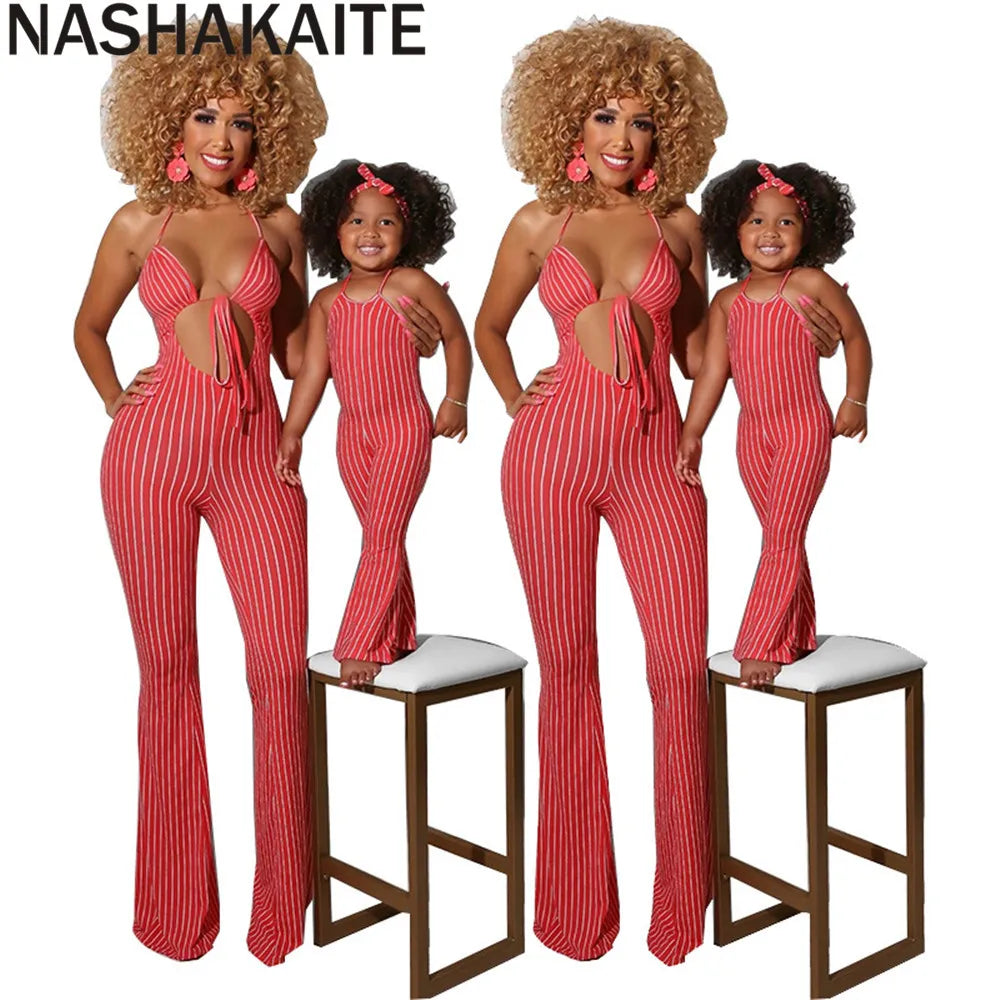NASHAKAITE Mum And Daughter Clothes Summer Fashion Striped Sexy Sling Jumpsuit Mommy And Me Jumpsuit Family Matching Outfit