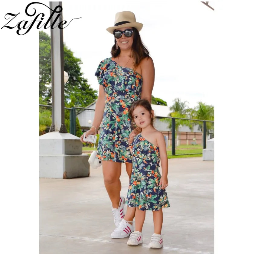 Summer Mom and Daughter Dress Leaf Print One Shoulder Dress Mother Daughter Dresses Mommy and Daughter Matching Clothes