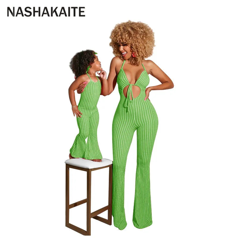 NASHAKAITE Mum And Daughter Clothes Summer Fashion Striped Sexy Sling Jumpsuit Mommy And Me Jumpsuit Family Matching Outfit