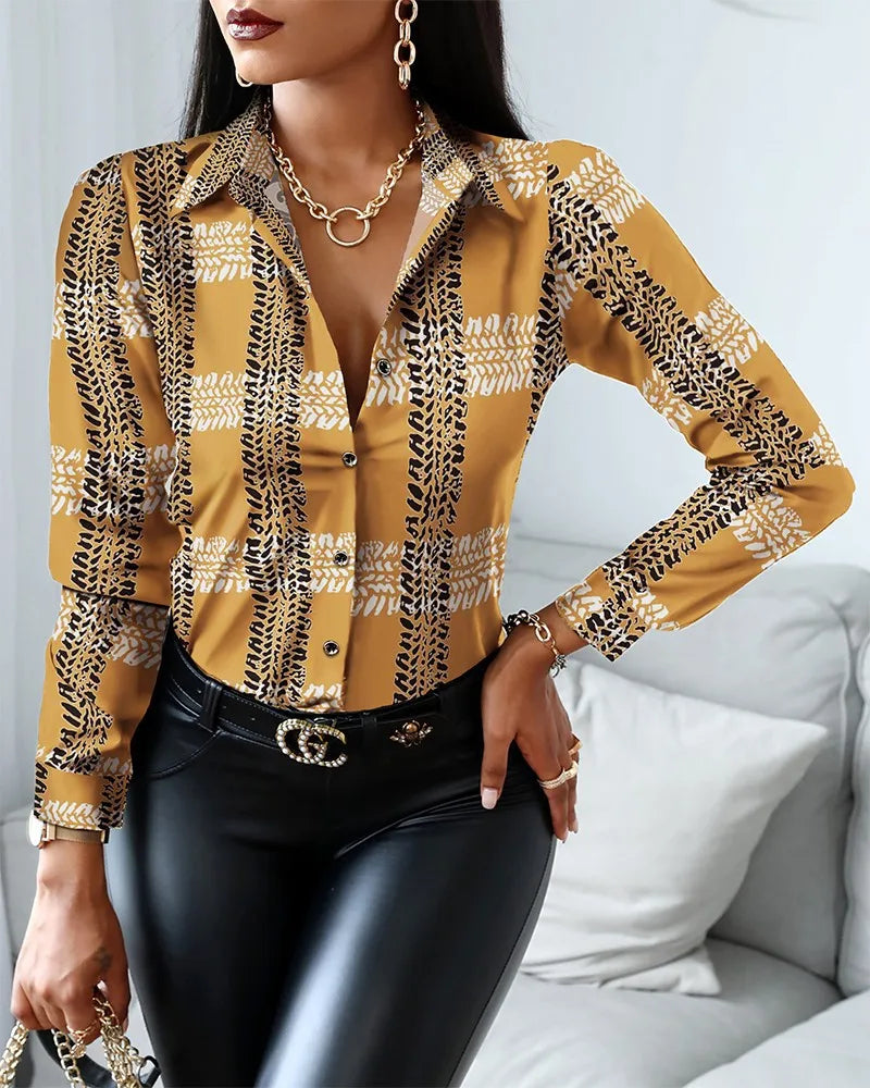 Liva Women Spring Elegant Turn Down Colar Blouse Vintage Popular Printing Slim Shirts Autumn Office Ladies Fashion Long Sleeve Tops