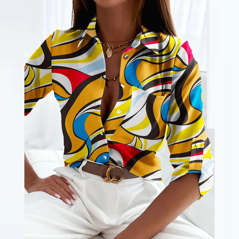 Liva Women Spring Elegant Turn Down Colar Blouse Vintage Popular Printing Slim Shirts Autumn Office Ladies Fashion Long Sleeve Tops