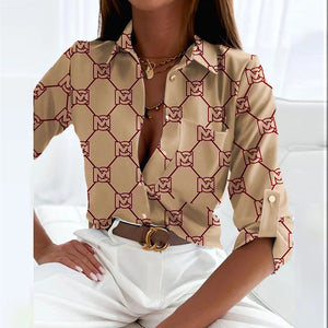 Liva Women Spring Elegant Turn Down Colar Blouse Vintage Popular Printing Slim Shirts Autumn Office Ladies Fashion Long Sleeve Tops