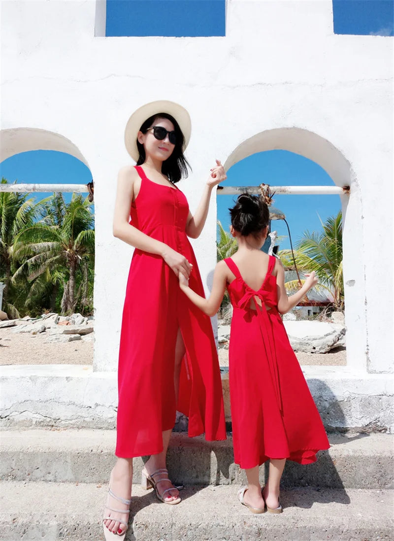 New Women Girls Dress Family Matching Outfits Suspender Backless Mother Daughter Beach Elegant Party Family Look