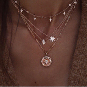 Shiny Crystal Gem Round Stars Pendant Multilayer Chain Necklace