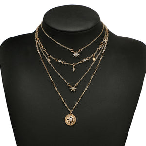 Shiny Crystal Gem Round Stars Pendant Multilayer Chain Necklace