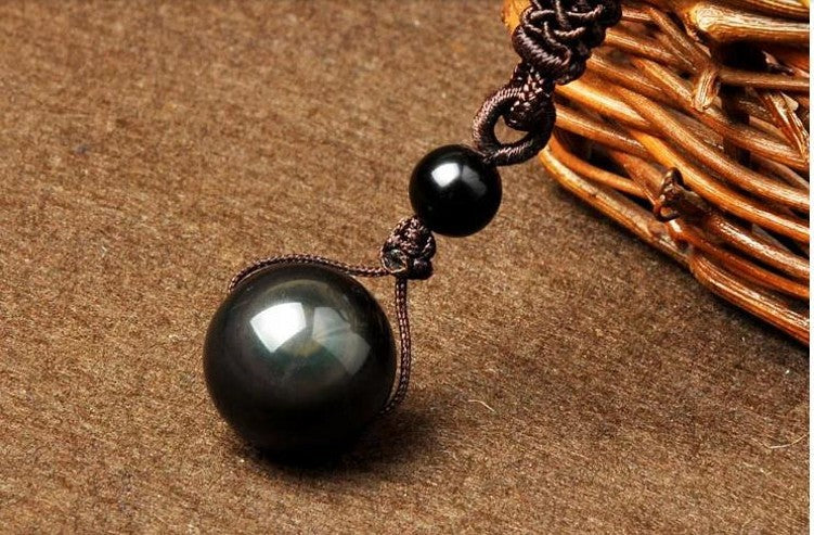 Natural Obsidian Rainbow Eye Transfer Good Luck Bead Pendant Necklace