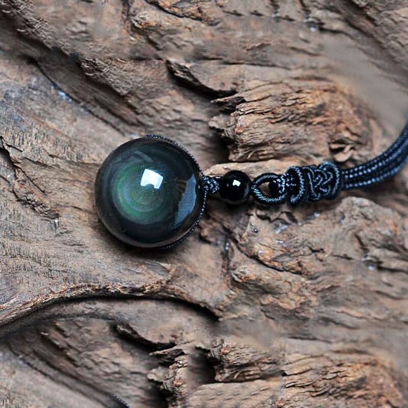 Natural Obsidian Rainbow Eye Transfer Good Luck Bead Pendant Necklace