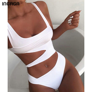 Cut Out One Piece Swimsuit Female Sexy Push Up Monokini White High Cut