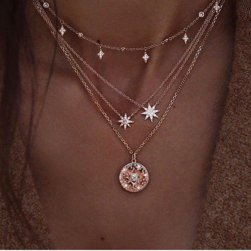 Shiny Crystal Gem Round Stars Pendant Multilayer Chain Necklace