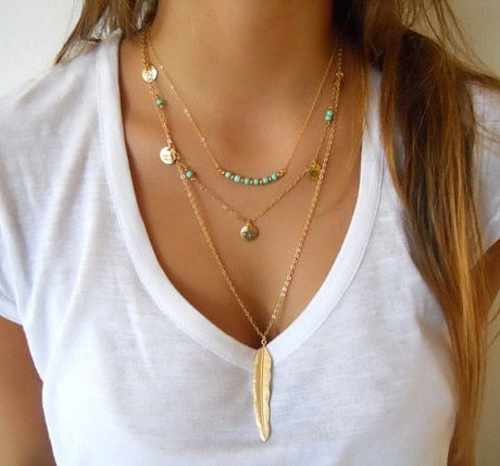Hot Fashion Gold Color Multi layer Coin Tassels Lariat Bar Necklaces