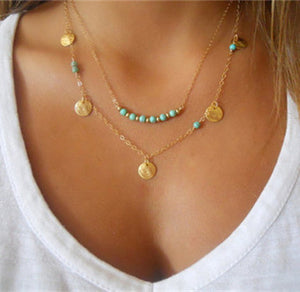 Hot Fashion Gold Color Multi layer Coin Tassels Lariat Bar Necklaces