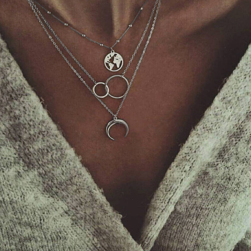 Silver Color Circle Map Horns Pendant Necklace