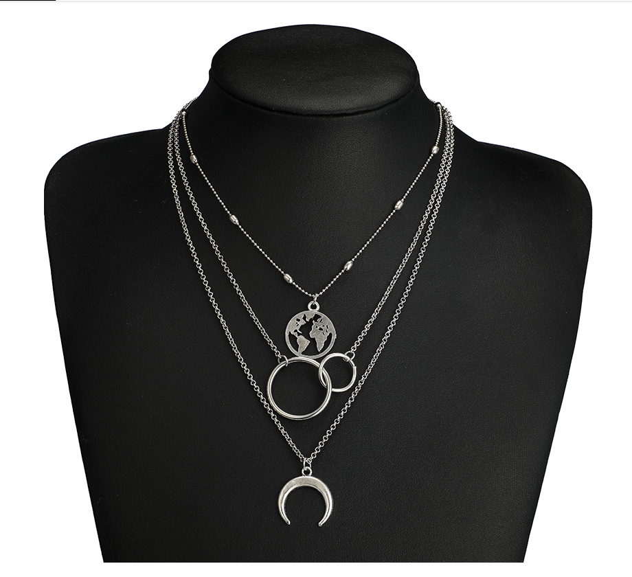 Silver Color Circle Map Horns Pendant Necklace