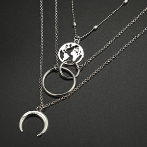 Silver Color Circle Map Horns Pendant Necklace