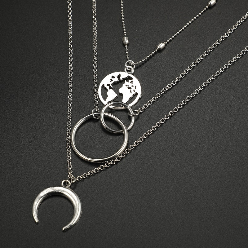 Silver Color Circle Map Horns Pendant Necklace