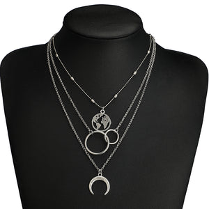 Silver Color Circle Map Horns Pendant Necklace